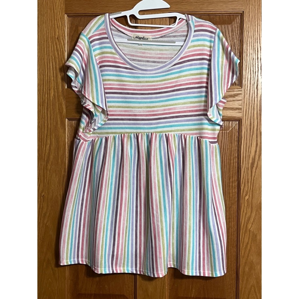 Haptics Holly Harper Rainbow Stripe Waffle Knit Babydoll Top Medium HT2496C